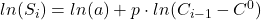 ln(S_i) = ln(a) + p\cdot ln(C_{i-1} - C^0)