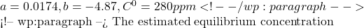 a=0.0174, b=-4.87, C^0 =280 ppm <!-- /wp:paragraph -->  <!-- wp:paragraph --> The estimated equilibrium concentration