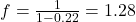 f=\frac{1}{1-0.22} = 1.28