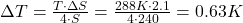 \Delta T=\frac{T\cdot \Delta S}{4\cdot S} = \frac{288 K\cdot 2.1}{4\cdot 240} = 0.63 K