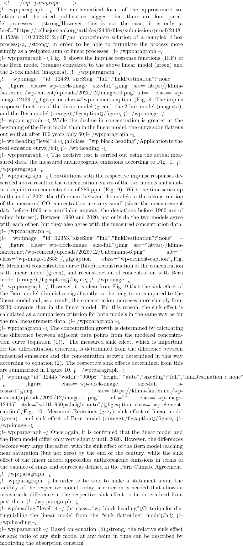 . <!-- /wp:paragraph -->  <!-- wp:paragraph --> The mathematical form of the approximate solution and the cited publication suggest that there are four parallel processes. <strong>However, this is not the case; it is only <a href="https://tellusjournal.org/articles/2448/files/submission/proof/2448-1-45288-1-10-20221012.pdf">an approximate solution of a complex 4-box process</a></strong> in order to be able to formulate the process more simply as a weighted sum of linear processes. <!-- /wp:paragraph -->  <!-- wp:paragraph --> Fig. 6 shows the impulse response functions (IRF) of the Bern model (orange) compared to the above linear model (green) and the 2-box model (magenta). <!-- /wp:paragraph -->  <!-- wp:image {"id":12439,"sizeSlug":"full","linkDestination":"none"} --> <figure class="wp-block-image size-full"><img src="https://klima-fakten.net/wp-content/uploads/2025/12/image-10.png" alt="" class="wp-image-12439"/><figcaption class="wp-element-caption">Fig. 8:  The impuls response functions of the linear model  (green), the 2-box model  (magenta), and the Bern model (orange)</figcaption></figure> <!-- /wp:image -->  <!-- wp:paragraph --> While the decline in concentration is greater at the beginning of the Bern model than in the linear model, the curve soon flattens out so that after 100 years only 60% is absorbed, compared to 85% in the linear model. The 2-box model lies between the linear and Bern models in terms of its progression; in the long term, it reaches saturation in a similar way to the Bern model, i.e., a substantial proportion of the CO₂ remains in the atmosphere. <!-- /wp:paragraph -->  <!-- wp:heading {"level":4} --> <h4 class="wp-block-heading">Application to the real emission curve</h4> <!-- /wp:heading -->  <!-- wp:paragraph --> The decisive test is carried out using the actual measured data, the measured anthropogenic emissions according to Fig. 1. <!-- /wp:paragraph -->  <!-- wp:paragraph --> Convolutions with the respective impulse responses described above result in the concentration curves of the two models and a natural equilibrium concentration of 285 ppm (Fig. 9). With the time series up to the end of 2024, the differences between the models in the reconstruction of the measured CO₂ concentration are very small (since the measurement data before 1960 are unreliable anyway, the deviations before 1960 are of minor interest). Between 1960 and 2020, not only do the two models agree with each other, but they also agree with the measured concentration data. <!-- /wp:paragraph -->  <!-- wp:image {"id":12353,"sizeSlug":"full","linkDestination":"none"} --> <figure class="wp-block-image size-full"><img src="https://klima-fakten.net/wp-content/uploads/2025/12/Unbenannt-6.png" alt="" class="wp-image-12353"/><figcaption class="wp-element-caption">Fig. 9: Measured concentration curve (blue), reconstruction of the concentration with linear model (green), and reconstruction of concentration  with Bern model (orange)</figcaption></figure> <!-- /wp:image -->  <!-- wp:paragraph --> However, it is clear from Fig. 9 that the sink effect of the Bern model diminishes significantly in the long term compared to the linear model and, as a result, the concentration increases more sharply from 2030 onwards than in the linear model. For this reason, the sink effect is calculated as a comparison criterion for both models in the same way as for the real measurement data. <!-- /wp:paragraph -->  <!-- wp:paragraph --> The concentration growth is determined by calculating the difference between adjacent data points from the modeled concentration curve (equation (1)). The measured sink effect, which is important for the differentiation criterion, is determined from the difference between measured emissions and the concentration growth determined in this way according to equation (2). The respective sink effects determined from this are summarized in Figure 10. <!-- /wp:paragraph -->  <!-- wp:image {"id":12445,"width":"960px","height":"auto","sizeSlug":"full","linkDestination":"none"} --> <figure class="wp-block-image size-full is-resized"><img src="https://klima-fakten.net/wp-content/uploads/2025/12/image-11.png" alt="" class="wp-image-12445" style="width:960px;height:auto"/><figcaption class="wp-element-caption">Fig. 10: Measured Emissions (grey), sink effect of linear model  (green) , and sink effect of Bern model (orange)</figcaption></figure> <!-- /wp:image -->  <!-- wp:paragraph --> Once again, it is confirmed that the linear model and the Bern model differ only very slightly until 2020. However, the differences become very large thereafter, with the sink effect of the Bern model reaching near saturation (but not zero) by the end of the century, while the sink effect of the linear model approaches anthropogenic emissions in terms of the balance of sinks and sources as defined in the Paris Climate Agreement. <!-- /wp:paragraph -->  <!-- wp:paragraph --> In order to be able to make a statement about the validity of the respective model today, a criterion is needed that allows a measurable difference in the respective sink effect to be determined from past data. <!-- /wp:paragraph -->  <!-- wp:heading {"level":4} --> <h4 class="wp-block-heading">Criterion for distinguishing the linear model from the ``sink flattening'' model</h4> <!-- /wp:heading -->  <!-- wp:paragraph --> Based on equation (4),<strong> the relative sink effect or sink ratio of any sink model at any point in time can be described by modifying the absorption constant
